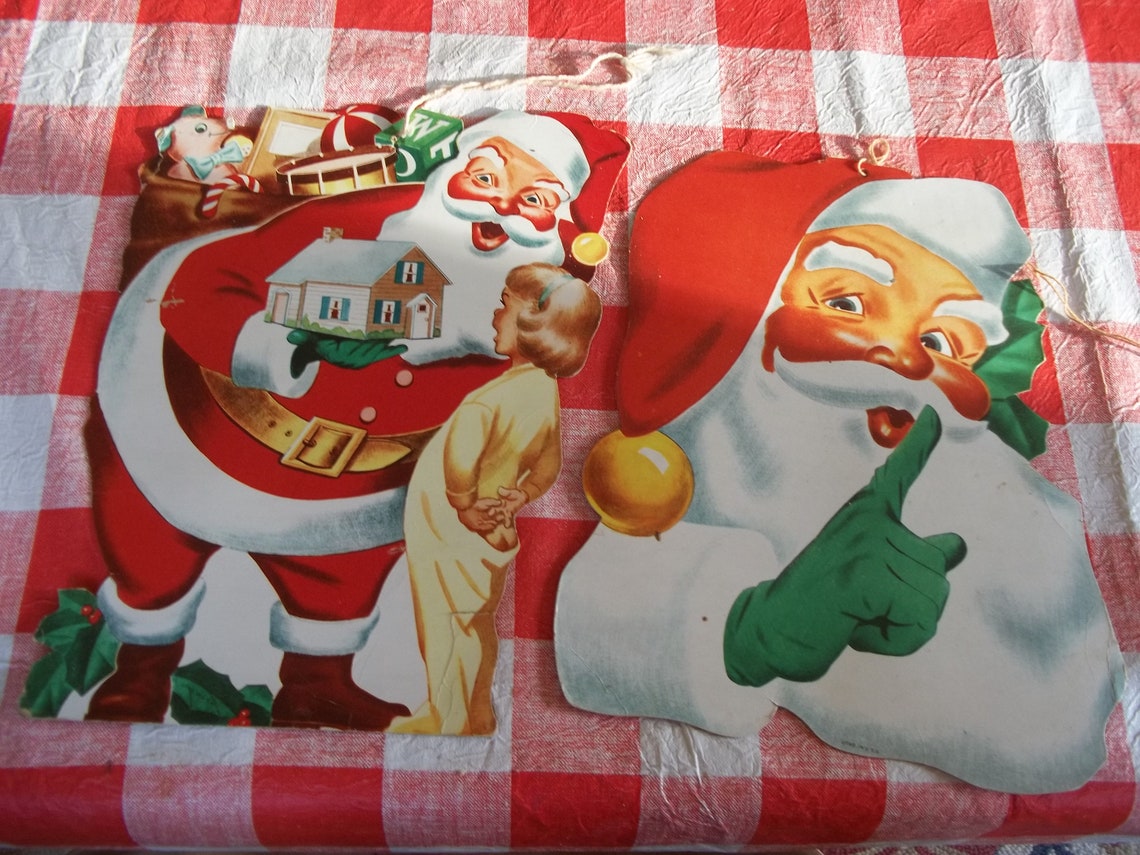 2 Vintage Cardboard Die Cut Santa Claus Wall Hangings | Etsy