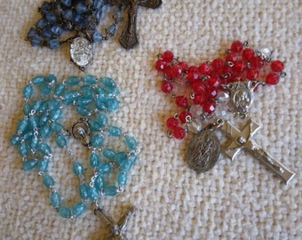 3 Vintage Rosary Prayer Beads Red Beads Blue Beads Catholic Rosaries