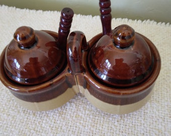 Double Sided Brown Stoneware Condiment Dish from Taiwan Collectible Serving Dish