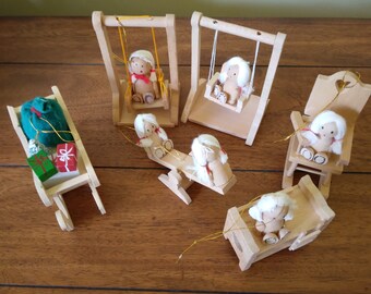 Lot of 6 Natural Wood Christmas Tree Ornaments Childs Bed 2 Swings Teeter Totter Rocking Chair and Sleigh Collectible Ornaments