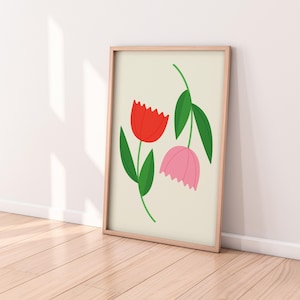 Minimal Tulips Printable Poster – Pink Red Flower Wall Art for Home, Office or Nursery | Instant Download JPG + PDF