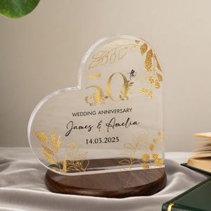 Personalisierte 50-jährige Jubiläum Geschenk, Gold Jahrestag Andenken, 50-jährige Jubiläum Acryl Herz Plakette, Jubiläum Cake Topper, Geschenk für Eltern