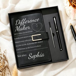 Difference Maker Custom Notebook and Pen Set, Personalized Leather Journal Gift for Teacher / Co-worker, Appreciation Gift, Retirement Gift