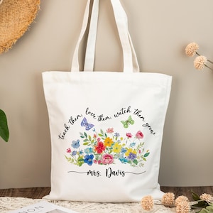 Cadeau de remerciement pour enseignant Sac fourre-tout en toile Cadeau pour enseignant personnalisé Cartable personnalisé Cabas pour enseignant Cadeau personnalisé pour enseignant Cartable à fleurs