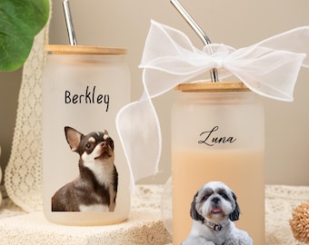 Taza de café helado personalizada con foto de mascota, vaso térmico con foto de mascota, lata de vidrio personalizada con retrato de mascota grabado, vaso de vidrio con retrato de mascota