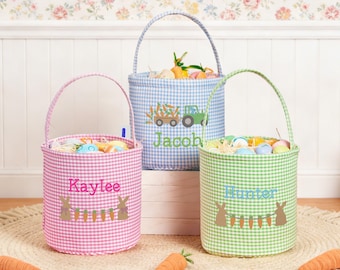 Cestas de Pascua de seersucker bordadas personalizadas, cesta de Pascua personalizada con nombre, primera cesta de Pascua para niños, regalo de Pascua para niño y niña.