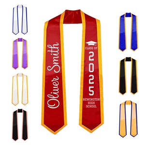 May include: A selection of graduation stoles in colours such as red, blue, purple, black, and gold. The red stole is personalised with "Oliver Smith", "Class of 2025", and "Newington High School". Other stoles are solid colours with contrasting trim.
