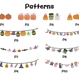 Puede incluir: Ilustraciones con tem&aacute;tica de Halloween, etiquetadas como "Patterns". La imagen incluye calabazas, caramelos, fantasmas y diversas guirnaldas decorativas con motivos de Halloween como murci&eacute;lagos, calabazas y sombreros de bruja. El texto "Patterns" est&aacute; en la parte superior.