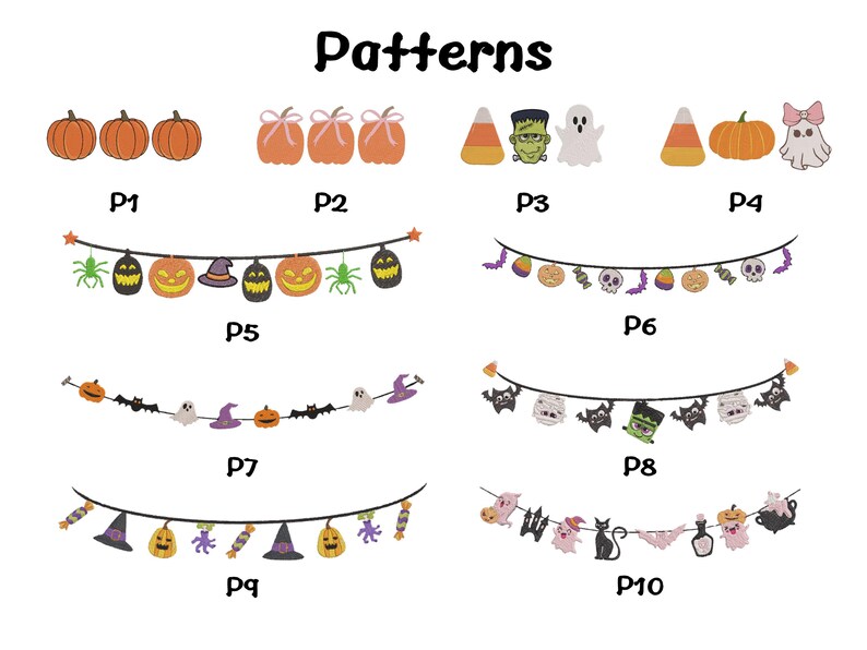 Puede incluir: Ilustraciones con tem&aacute;tica de Halloween, etiquetadas como "Patterns". La imagen incluye calabazas, caramelos, fantasmas y diversas guirnaldas decorativas con motivos de Halloween como murci&eacute;lagos, calabazas y sombreros de bruja. El texto "Patterns" est&aacute; en la parte superior.