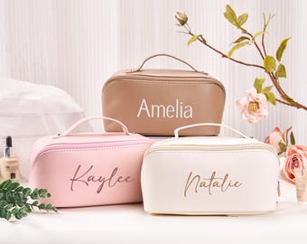 Leather Embroidered Makeup Bag Personalized,Mothers Day Gift,Large Capacity Cosmetic Bag,Bridesmaid Gift,Makeup Organizer,Bridal Shower Gift