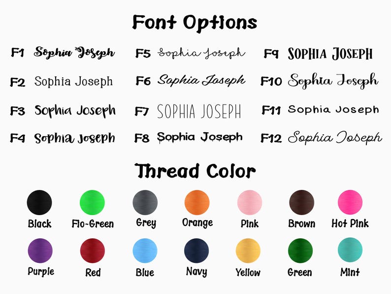 Puede incluir: Imagen que muestra opciones de fuente y color de hilo. Las opciones de fuente incluyen varios estilos para "Sophia Joseph". Los colores del hilo se muestran como c&iacute;rculos de colores, incluyendo negro, verde, gris, naranja, rosa, marr&oacute;n, rosa intenso, morado, rojo, azul, marino, amarillo, verde y menta.