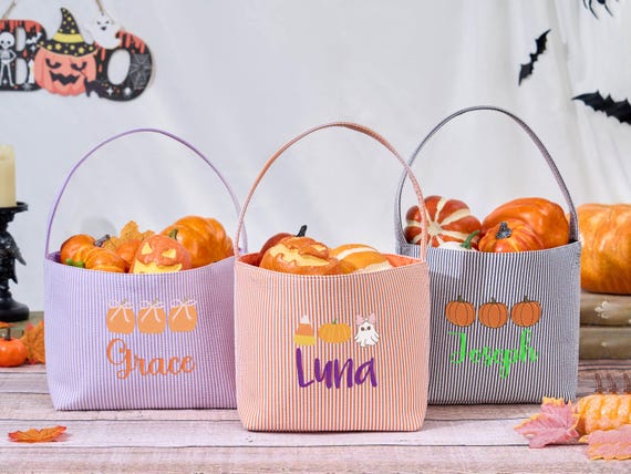Halloween Candy Bag,Trick or Treat Tote,Custom Kids Halloween Basket,Personalized Candy Bucket,Embroidered Pumpkin Basket,Halloween Gift