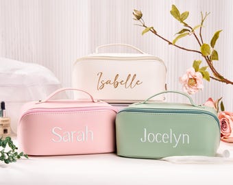 Personalized Leather Embroidered Makeup Bag,Large Capacity Cosmetic Bag,Gift for Girlfriend,Bridesmaid Gift For Women,Mother's day Gift