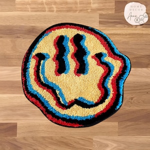 Trippy Smile Handmade Rug | Smiley Face Rug, Yellow Rug, Tufted Rug, Bedroom Area, Home Decor