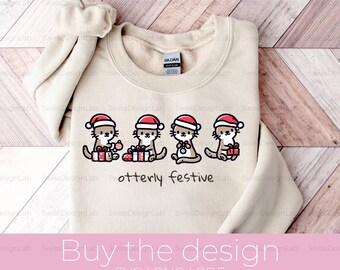Otters With Santa Hats In A Row Png, Otterly Festive Svg, Cute Christmas Design, Minimalistic Animal Winter Png, Funny Women T-Shirt Design