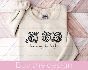 Bees In A Row With Santa Hats Svg, Bee Merry Bee Bright Png, Minimalistic Lineart Design, Cute Christmas Png, Simple Women T-Shirt Design