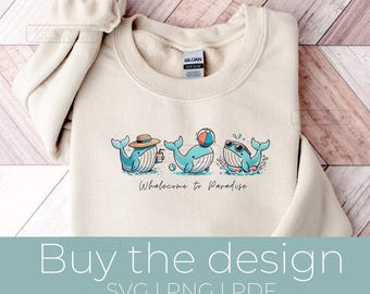 Three Whales Partying in a Row Png, Whalecome to Paradise Svg, Fun Hand-Drawn Ocean Illustration, Tropical Animal Art, Cute T-Shirt Design