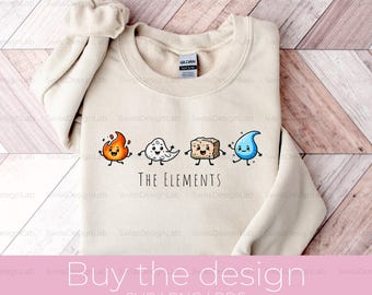 Four Elements In A Row Png, The Elements Svg, Fire Air Earth Water Design, Cute Cartoon Illustration, Fun Adorable Nature T-Shirt Design