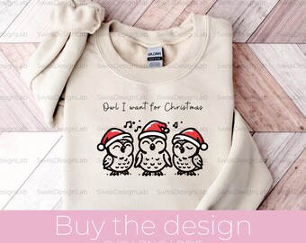Owls In A Row With Santa Hats Singing Png, Owl I Want For Christmas Svg, Cute Minimalistic Christmas Design, Lineart Women T-Shirt Design
