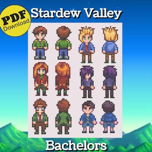 Könnte beinhalten: Eine digitale Illustration von 10 Pixel-Art-Charakteren aus dem Videospiel Stardew Valley. Die Charaktere sind alle männlich und in zwei Reihen zu fünf angeordnet. Der Text "Stardew Valley" und "Bachelors" befindet sich oben und unten im Bild.