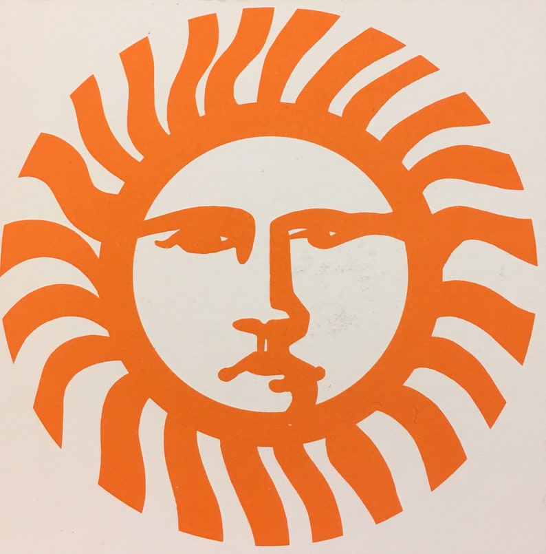 Vintage Original DICK SEEGER Woodcut Style #4 B/&W Sun Face Pop Art Card