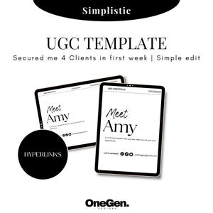 Könnte beinhalten: Schwarzweißes Mockup eines Telefonbildschirms mit dem Text "Meet Amy" und den Worten "UGC Template" und "Secured me 4 Clients in first week | Simple edit" über dem Bildschirm.