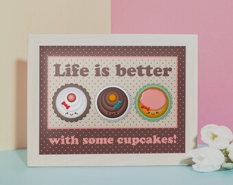 Digital printable postcard - Life is better with somecupcakes - kawaii