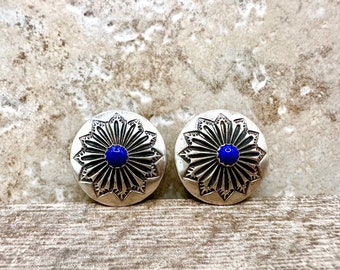 Vintage Sterling Silver and lapis Southwestern Navajo Design Button cuff Cover Set of Two