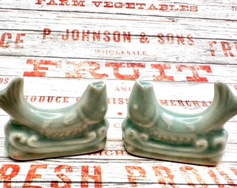 Vintage Celadon porcelain coi fish chopsticks rest set of two