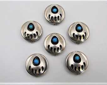Vintage Lot of six Southwestern Sterling Silver & Turquoise "Bear Paw" Button Covers