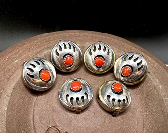 Vintage Lot of six Southwestern Sterling Silver & red Coral "Bear Paw" Button Covers