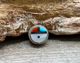 Vintage Zuni sterling silver with inlaid turquoise coral mother of pearl shirt button cover