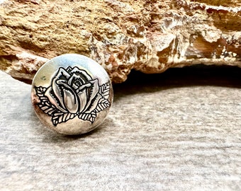 Vintage Sterling Silver Button Cover with a stamped rose design