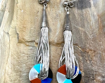 Vintage long sterling silver cone tube beads & gemstone disk post earrings