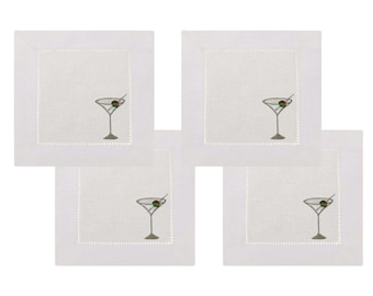 Juego de 4 servilletas de lino bordadas para cóctel/martini