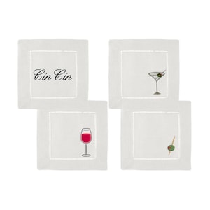 Embroidered Linen Cocktail Napkins - Happy Hour Set of 4