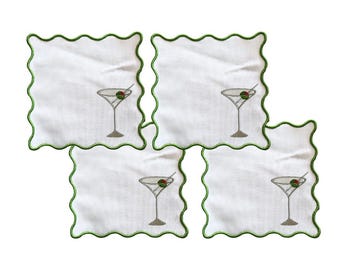 Wavy squiggle cocktail napkins- Set of 4, embroidered martini, martini pick