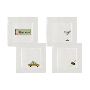Set of 4 Embroidered linen Cocktail Napkins | New York night out; Martini Olive taxi matches perfect match