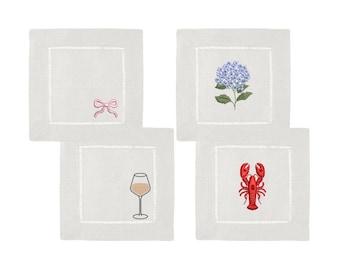 Embroidered Linen Cocktail Napkins - East Coast Set of 4
