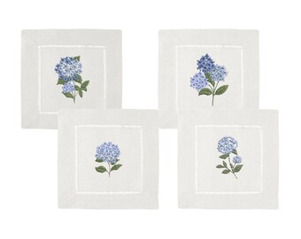 Set of 4 Hydrangea Embroidered linen Cocktail Napkins | Blue Hydrangea, Spring, New England