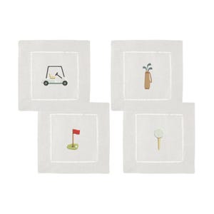 Set of 4 Embroidered linen Cocktail Napkins | Golf set; golf cart, golf flag, golf clubs, golf ball, masters