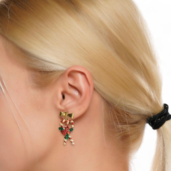 Candy Cane Earrings, Christmas Earrings, Candy Cane Studs with Bow Candy Cane Earrings,