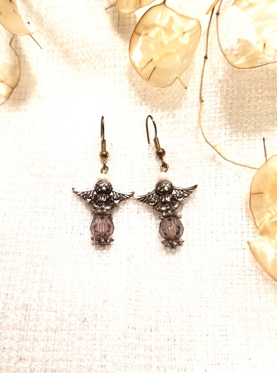 Vintage Christmas Earrings, Metallic Angel, Green Glass Angel, Metal Angel With Glass Skirt, Christmas Earrings, Elegant Christmas Earrings
