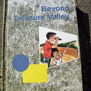 May include: A book cover with a green and white speckled background. The title "Beyond Treasure Valley" is printed in blue letters. The cover features an illustration of two children, one looking through binoculars and the other pointing to something in the distance.