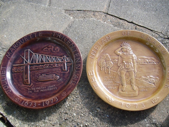 Burlington Iowa on the Mississippi Commemorative Plates Judy Sutcliffe Greentree Pottery Audubon Iowa 2000 Special Editions