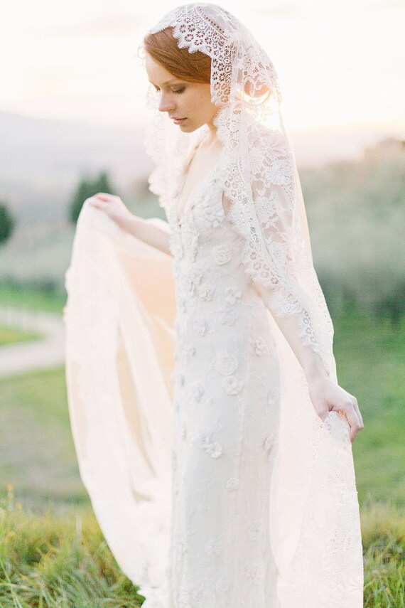Lace Mantilla Wedding Veil Long Ivory Cathedral Bohemian Etsy