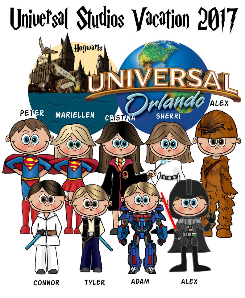 May include: A colorful illustration featuring cartoon characters dressed as superheroes, Star Wars, and Harry Potter characters. The text "Universal Studios Vacation 2017" and "Universal Orlando" are displayed at the top. Names are written below each character.