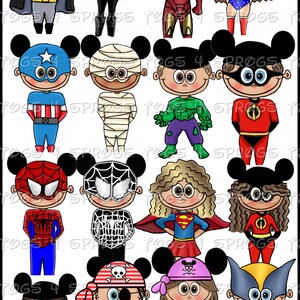 May include: A collection of cartoon characters dressed as superheroes and other pop culture figures. Characters include Batman, Wonder Woman, Captain America, and Spider-Man, each with unique costumes and accessories. The image has the text "POGS 4 SPROGS".
