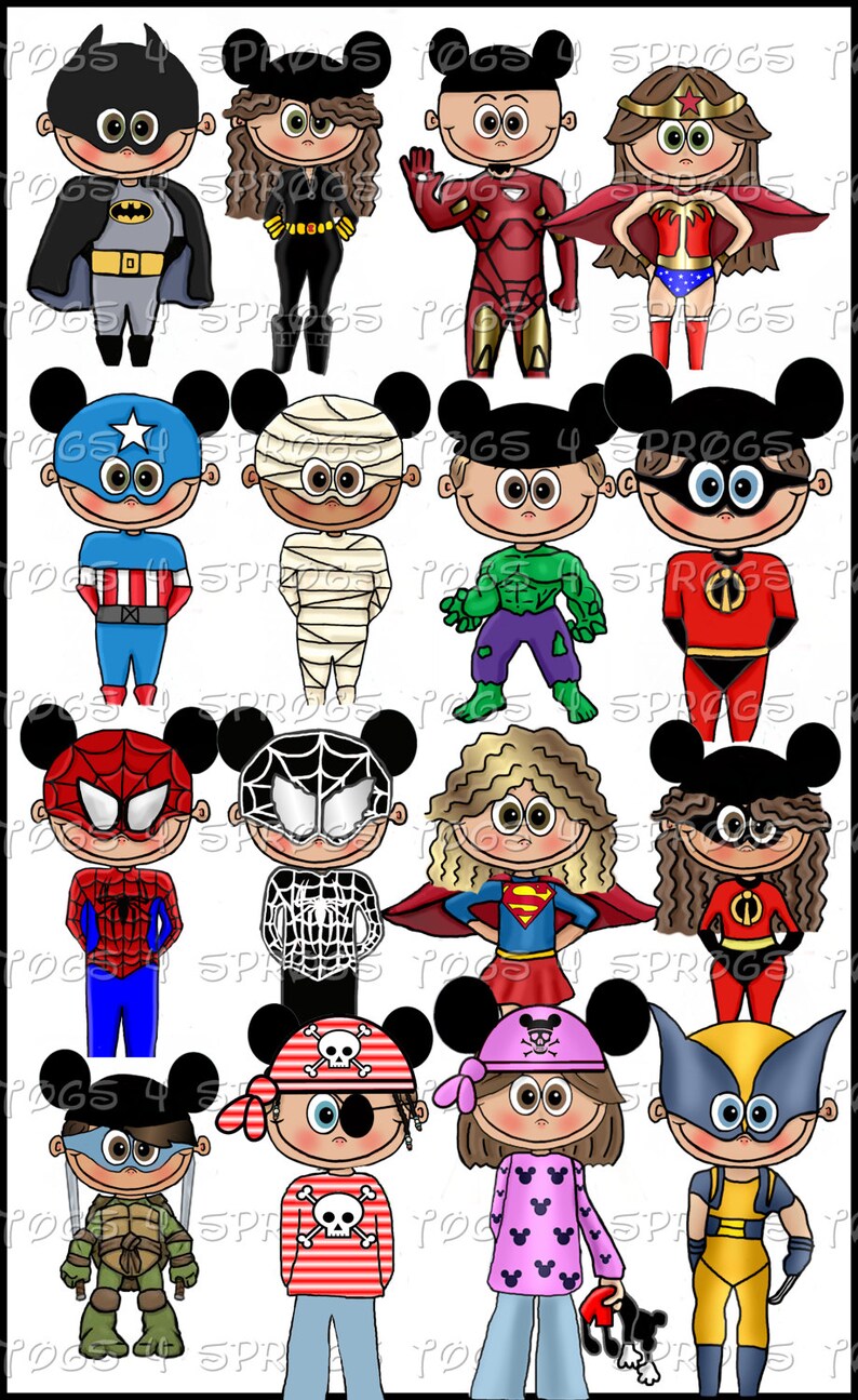 May include: A collection of cartoon characters dressed as superheroes and other pop culture figures. Characters include Batman, Wonder Woman, Captain America, and Spider-Man, each with unique costumes and accessories. The image has the text "POGS 4 SPROGS".