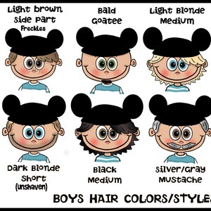 May include: Illustration of cartoon boys with various hair colors and styles, including black curly, light brown side part with freckles, and a bald goatee. The text "BOYS HAIR COLORS/STYLES" is at the bottom.